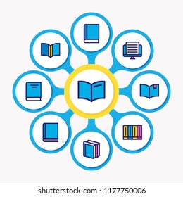 Vector illustration of 9 read icons colored line. Editable set of article, learning, publication and other icon elements.