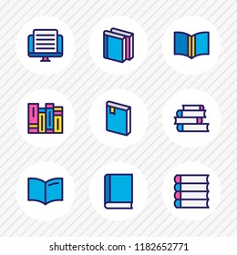 Vector illustration of 9 read icons colored line. Editable set of article, tutorial, lecture and other icon elements.