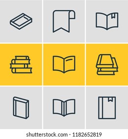 Vector illustration of 9 read icons line style. Editable set of book, handbook, ribbon icon elements.