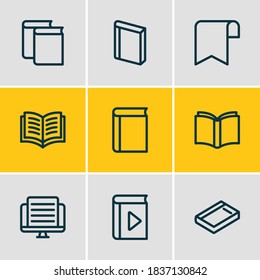 Vector illustration of 9 read icons line style. Editable set of study, article, ribbon and other icon elements.