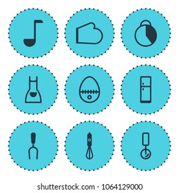 Vector illustration of 9 restaurant icons. Editable set of fridge, pizza cutter, egg split and other icon elements.