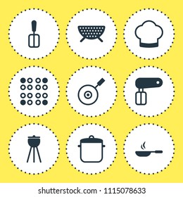 Vector illustration of 9 restaurant icons. Editable set of colander, spatula, electric stove icon elements.