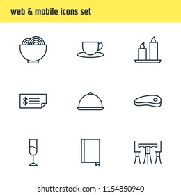 Vector illustration of 9 restaurant icons line style. Editable set of wineglass, bill, cup and other icon elements.