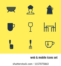 Vector illustration of 9 restaurant icons. Editable set of coffee mug, dining table, colander icon elements.