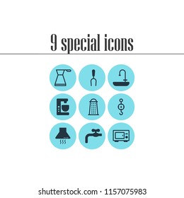 Vector illustration of 9 restaurant icons. Editable set of microwave, bbq fork, sink and other icon elements.