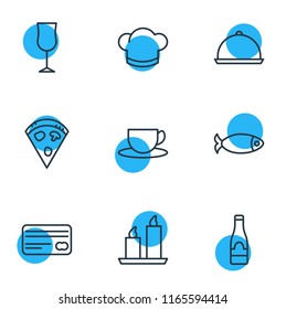 Vector illustration of 9 restaurant icons line style. Editable set of credit, cook, candle icon elements.