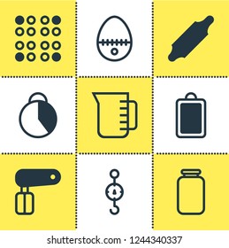 Vector illustration of 9 restaurant icons. Editable set of hand mixer, egg split, scales icon elements.