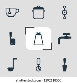 Vector illustration of 9 restaurant icons. Editable set of salt cellar, turner, scales and other icon elements.
