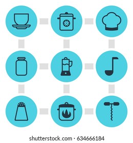 Vector Illustration Of 9 Restaurant Icons. Editable Pack Of Wine Opener, Fruit Squeezer, Stewpot And Other Elements.