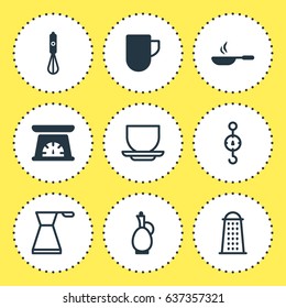 Vector Illustration Of 9 Restaurant Icons. Editable Pack Of Handmixer, Frying Pan , Coffee Cup Elements.