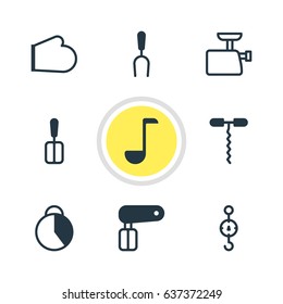 Vector Illustration Of 9 Restaurant Icons. Editable Pack Of Steelyard, Timekeeper, Whisk And Other Elements.
