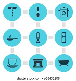 Vector Illustration Of 9 Restaurant Icons. Editable Pack Of Wine Opener, Measuring Tool, Steamer And Other Elements.