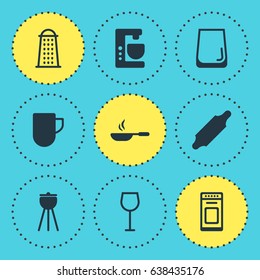 Vector Illustration Of 9 Restaurant Icons. Editable Pack Of Mixer, Tea Cup, Oven And Other Elements.