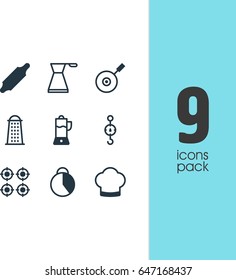 Vector Illustration Of 9 Restaurant Icons. Editable Pack Of Furnace, Timekeeper, Skillet And Other Elements.