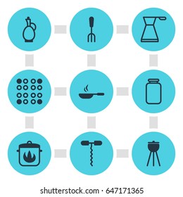 Vector Illustration Of 9 Restaurant Icons. Editable Pack Of Frying Pan, Wine Opener, Kettle And Other Elements.