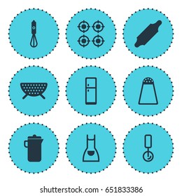 Vector Illustration Of 9 Restaurant Icons. Editable Pack Of Sieve, Pepper Container, Round Slicer And Other Elements.