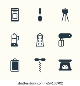 Vector Illustration Of 9 Restaurant Icons. Editable Pack Of Fruit Squeezer, Barbecue, Measuring Tool And Other Elements.