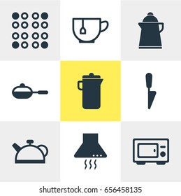 Vector Illustration Of 9 Restaurant Icons. Editable Pack Of Teakettle, Kitchen Dagger, Extractor Appliance And Other Elements.