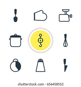 Vector Illustration Of 9 Restaurant Icons. Editable Pack Of Mincer, Soup Pan, Timekeeper And Other Elements.