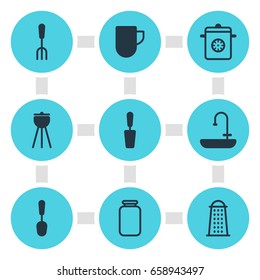 Vector Illustration Of 9 Restaurant Icons. Editable Pack Of Tea Cup, Can, Barbecue And Other Elements.