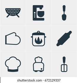 Vector Illustration Of 9 Restaurant Icons. Editable Pack Of Oven Mitts, Cooking Spade, Mixer And Other Elements.