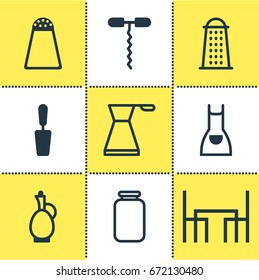 Vector Illustration Of 9 Restaurant Icons. Editable Pack Of Spatula, Dinner Table, Pepper Container And Other Elements.