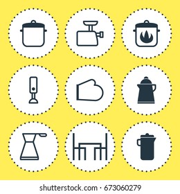 Vector Illustration Of 9 Restaurant Icons. Editable Pack Of Mincer, Oven Mitts, Stewpot And Other Elements.