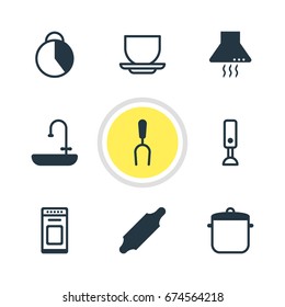 Vector Illustration Of 9 Restaurant Icons. Editable Pack Of Extractor Appliance, Timekeeper, Soup Pan And Other Elements.