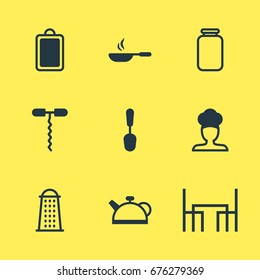 Vector Illustration Of 9 Restaurant Icons. Editable Pack Of Frying Pan, Slicer, Wine Opener And Other Elements.