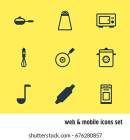 Vector Illustration Of 9 Restaurant Icons. Editable Pack Of Oven, Pan, Bakery Roller And Other Elements.