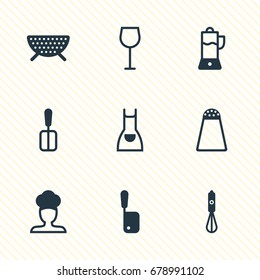 Vector Illustration Of 9 Restaurant Icons. Editable Pack Of Butcher Knife, Handmixer, Sieve Elements.