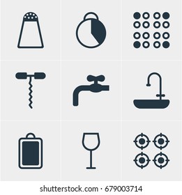 Vector Illustration Of 9 Restaurant Icons. Editable Pack Of Pepper Container, Furnace, Faucet And Other Elements.