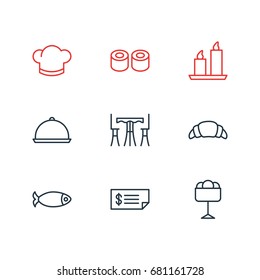 Vector Illustration Of 9 Restaurant Icons. Editable Pack Of Hat, Japanese Roll, Tray And Other Elements.