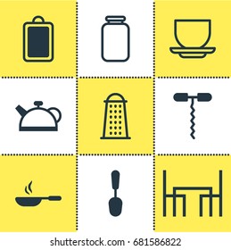 Vector Illustration Of 9 Restaurant Icons. Editable Pack Of Slicer, Dinner Table, Teakettle And Other Elements.