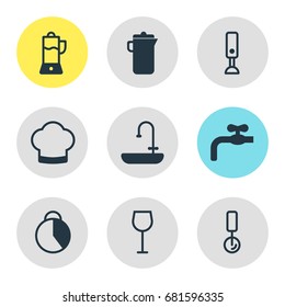 Vector Illustration Of 9 Restaurant Icons. Editable Pack Of Washstand, Round Slicer, Chef Hat Elements.