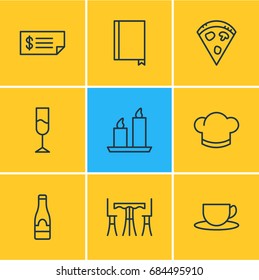 Vector Illustration Of 9 Restaurant Icons. Editable Pack Of Pepperoni, Wine, Hat And Other Elements.