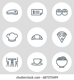 Vector Illustration Of 9 Restaurant Icons. Editable Pack Of Japanese Roll, Pepperoni, Tea And Other Elements.