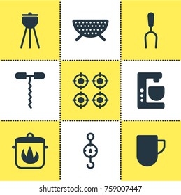 Vector Illustration Of 9 Restaurant Icons. Editable Set Of Tea Cup, Barbecue Tool, Mixer And Other Elements.