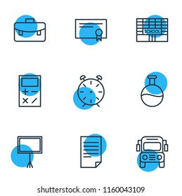 Vector illustration of 9 science icons line style. Editable set of calculator, alarm, building and other icon elements.
