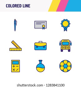 Vector illustration of 9 science icons colored line. Editable set of ball, pen, flask and other icon elements.