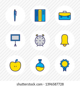 Vector illustration of 9 science icons colored line. Editable set of library, pen, apple and other icon elements.