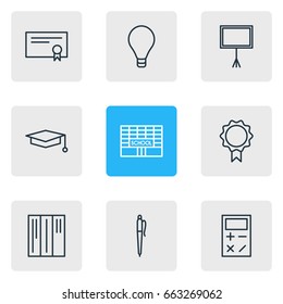 Vector Illustration Of 9 Science Icons. Editable Pack Of Bookshelf, Trophy, Pencil And Other Elements.