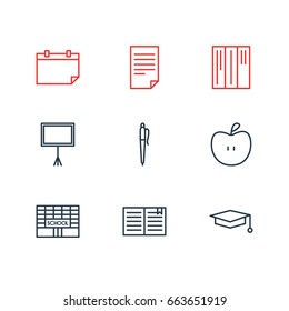 Vector Illustration Of 9 Science Icons. Editable Pack Of Paper, Fruit, Pencil And Other Elements.