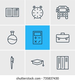 Vector Illustration Of 9 Science Icons. Editable Pack Of Cap, Bookshelf, Pencil And Other Elements.