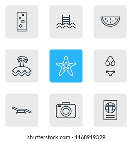 Vector illustration of 9 season icons line style. Editable set of beach bench, bikini, passport and other icon elements.