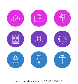 Vector illustration of 9 season icons line style. Editable set of ice cream, sun, parasol and other icon elements.