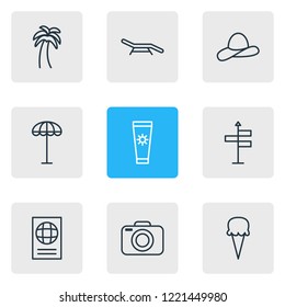 Vector illustration of 9 season icons line style. Editable set of palm, beach bench, hat and other icon elements.