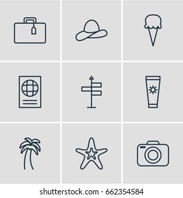 Vector Illustration Of 9 Season Icons. Editable Pack Of Island , Anti-Sun Cream, Fish Elements.