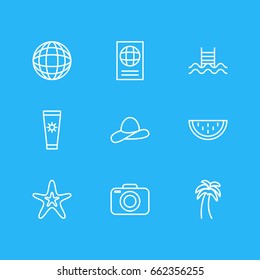 Vector Illustration Of 9 Season Icons. Editable Pack Of Anti-Sun Cream, Fish, Certificate And Other Elements.