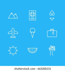 Vector Illustration Of 9 Season Icons. Editable Pack Of Airplane, Melon, Hill And Other Elements.